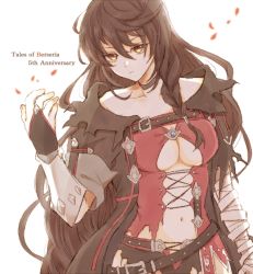 Rule 34 | 10mato6, 1girl, anniversary, bandaged arm, bandages, belt, black choker, black hair, braid, breasts, choker, closed mouth, collarbone, expressionless, hair between eyes, long hair, looking at viewer, navel, red shirt, shirt, solo, tales of (series), tales of berseria, torn clothes, underboob, upper body, velvet crowe, very long hair, white background, yellow eyes