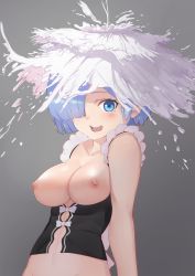 Rule 34 | 10s, 1girl, :d, bad id, bad pixiv id, blue hair, blush, breasts, breasts out, collarbone, hair over one eye, highres, lanzi (415460661), medium breasts, milk, nipples, open mouth, out-of-frame censoring, re:zero kara hajimeru isekai seikatsu, rem (re:zero), short hair, smile, solo, upper body
