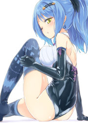 Rule 34 | 10s, 1girl, :o, arm support, ass, bare back, bare shoulders, black gloves, blue hair, blue thighhighs, blush, bodysuit, breast press, breasts, chandelure, creatures (company), earrings, elbow gloves, female focus, game freak, gen 5 pokemon, gloves, hair ornament, hair ribbon, hairclip, highres, homura subaru, jewelry, large breasts, leotard, looking at viewer, looking back, nintendo, no shoes, one eye closed, parted lips, personification, pokemon, pokemon bw, ponytail, purple ribbon, ribbon, short hair, simple background, sitting, solo, thighhighs, white background, yellow eyes