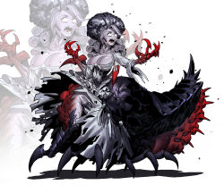 Rule 34 | 1girl, absurdres, arthropod limbs, blank eyes, bodice, bow, breasts, chinese commentary, cleavage, colored skin, commentary request, countess (darkest dungeon), curly hair, darkest dungeon, debris, extra arms, extra legs, fangs, frilled skirt, frills, grey skin, hair bow, hair ribbon, highres, koiking (liyuw099), large breasts, monster girl, monsterification, red claws, ribbon, screaming, skirt, spikes, torn clothes, white hair