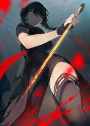 Rule 34 | 1girl, bare shoulders, black dress, black gloves, black hair, black thighhighs, blood, breasts, dagger, dress, earrings, fingerless gloves, gloves, gold hairband, hair ornament, hairband, highres, jewelry, knife, large breasts, long hair, looking at viewer, red eyes, sidelocks, spy x family, tatami to hinoki, thighhighs, thighs, weapon, yor briar