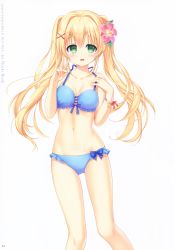 Rule 34 | 1girl, absurdres, bikini, blonde hair, blue bikini, blue bow, bow, breasts, cleavage, collarbone, copyright name, floating hair, flower, frilled bikini, frills, green eyes, hair between eyes, hair flower, hair intakes, hair ornament, halterneck, hibiscus, highres, long hair, looking at viewer, medium breasts, nagayama yuunon, navel, official art, page number, pink flower, simple background, solo, standing, summer pockets, swimsuit, tsumugi wenders, v, very long hair, white background, x hair ornament