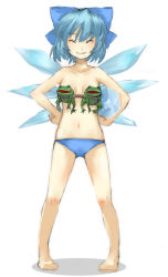 Rule 34 | 1girl, bad id, bad pixiv id, barefoot, blue hair, bow, bra, cirno, closed eyes, female focus, frog, full body, grin, hair bow, hands on own hips, ice, lingerie, navel, novelty bra, ofuro mantarou, panties, short hair, sketch, smile, solo, tears, touhou, underwear, white background, wings