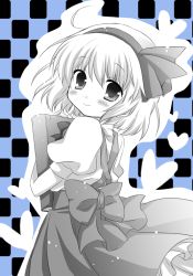Rule 34 | 1girl, alice margatroid, alice margatroid (pc-98), bad id, bad pixiv id, blue theme, blush, checkered background, female focus, heart, looking at viewer, looking back, monochrome, short hair, smile, solo, touhou, touhou (pc-98), white-brown