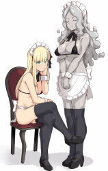Rule 34 | 1girl, alternate costume, apron, bare shoulders, bikini, black bikini, black footwear, black thighhighs, blonde hair, blue eyes, breasts, character request, cleavage, colored skin, covered erect nipples, fate (series), frills, long hair, looking at viewer, lord el-melloi ii case files, maid, maid bikini, reines el-melloi archisorte, shiseki hirame, shoes, simple background, sitting, smile, swimsuit, thighhighs, trimmau (fate), unconventional maid, white apron, white background, wrist cuffs