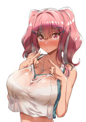 Rule 34 | 1girl, azur lane, bare shoulders, blush, bow, bra, breasts, bremerton (azur lane), bremerton (scorching-hot training) (azur lane), commentary request, crop top, crop top overhang, grey hair, hair between eyes, hair bow, hair ornament, hairclip, heart, heart necklace, highres, jewelry, large breasts, long hair, looking at viewer, mole, mole under eye, multicolored hair, necklace, nose blush, pink hair, see-through, shirt, sleeveless, sleeveless shirt, sportswear, streaked hair, sweat, tennis uniform, tokiwa midori (kyokutou funamushi), twintails, two-tone hair, two-tone shirt, underwear, white bra, x hair ornament