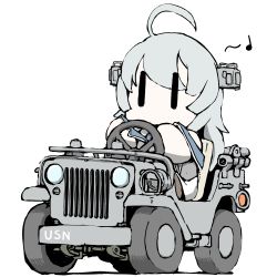 Rule 34 | 1girl, ahoge, car, driving, grey hair, headgear, jeep, kantai collection, long hair, machinery, motor vehicle, musical note, no mouth, simple background, solo, steering wheel, suspension, task (s task80), vehicle focus, washington (kancolle), white background