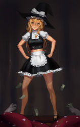 Rule 34 | 1girl, apron, black skirt, blonde hair, blush, braid, breasts, closed mouth, frilled apron, frilled skirt, frills, hair ornament, hair ribbon, hands on own hips, hat, highres, kirisame marisa, looking at viewer, medium breasts, midriff, miniskirt, money, mushroom, patrikeyevna, ribbon, shiny skin, skirt, smile, standing, touhou, witch, witch hat, yellow eyes