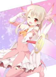 Rule 34 | 1girl, ;d, absurdres, aibumi, bad id, bad nicoseiga id, blonde hair, blush, earrings, fate/kaleid liner prisma illya, fate (series), feather hair ornament, feathers, gloves, gradient background, hair ornament, highres, illyasviel von einzbern, jewelry, kaleidostick, long hair, looking at viewer, magical girl, magical ruby, one eye closed, open mouth, pen-zin, pink thighhighs, prisma illya, red eyes, skirt, smile, solo, thighhighs, v, white gloves