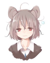Rule 34 | 1girl, akagashi hagane, alternate costume, animal ears, blush, grey hair, jewelry, looking at viewer, mouse ears, nazrin, necklace, portrait, red eyes, saliva, short hair, simple background, sleepy, solo, sweater, touhou, white background
