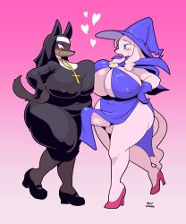 Rule 34 | 1futa, 1girl, animal ears, blue eyes, blush, borrowed character, breast press, breasts, bulge, cleavage, covered erect nipples, cross, curvy, dog ears, dog tail, erection, erection under clothes, furry, futanari, gloves, hat, high heels, highres, huge breasts, looking at another, maggie (woory), multiple girls, nun, original, penis, pink background, plump, precum, standing, standing on one leg, tail, testicles, thick thighs, thighs, tongue, tongue out, uncensored, wide hips, witch, witch hat, woory, yellow eyes