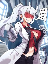 Rule 34 | 1girl, artist name, bebatch, between breasts, black necktie, black pants, black vest, blurry, blurry background, breasts, commentary request, cowboy shot, demon girl, demon tail, english text, female focus, formal, goggles, grin, helltaker, highres, holding, horns, lab coat, large breasts, long hair, long sleeves, looking at viewer, loremaster (helltaker), mixed-language commentary, navel, necktie, necktie between breasts, open clothes, open pants, open vest, pants, ponytail, red-tinted eyewear, red-tinted glasses, red shirt, shirt, short hair, smile, solo, speech bubble, standing, suit, sunglasses, sweat, sweatdrop, tail, tinted eyewear, unbuttoned, vest, visor, white hair