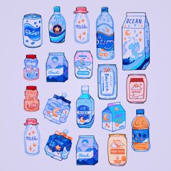 Rule 34 | blue background, bottle, can, carton, cloud print, english text, highres, meyoco, milk, no humans, object focus, original, simple background, star (symbol), translation request, wave print