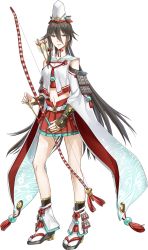 Rule 34 | 1girl, arrow (projectile), bow (weapon), brown hair, detached sleeves, flipped hair, full body, green eyes, hair between eyes, hat, holding, holding arrow, holding bow (weapon), holding weapon, kazune (baumkuchen), long hair, midriff, navel, official art, oshiro project:re, oshiro project:re, pleated skirt, sakurao (oshiro project), simple background, skirt, solo, standing, transparent background, very long hair, weapon