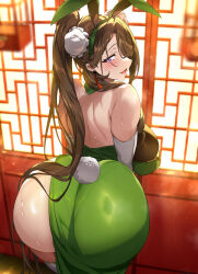 Rule 34 | 1girl, absurdres, animal ears, ass, bare shoulders, blush, breasts, brown hair, bun cover, bunnystein fantasy, commentary request, dress, elbow gloves, fake animal ears, fake tail, from behind, gloves, green dress, hair ornament, hair over one eye, highres, huge ass, large breasts, long hair, looking back, mole, mole under eye, pantylines, ponytail, purple eyes, rabbit ears, rabbit tail, senri gan, simple background, smile, solo, sumire (bunnystein fantasy), sweat, sweatdrop, tail, thighhighs, thighs, white gloves