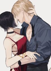 1boy 1girl ada_wong arm_around_neck bare_shoulders black_choker black_hair blonde_hair bracelet breasts choker cleavage collared_shirt couple dress grey_shirt hand_on_another&#039;s_arm hetero imminent_kiss jewelry leon_s._kennedy medium_breasts meow_(cindy738) parted_bangs parted_lips red_dress resident_evil resident_evil_4 shirt short_hair sketch sleeveless sleeveless_dress sleeves_rolled_up swept_bangs upper_body watch white_background wristwatch