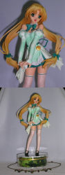 Rule 34 | 1990s (style), 1girl, :d, badge, bare shoulders, blonde hair, bow, bowtie, breasts, button badge, cleavage, contrapposto, cowboy shot, detached collar, detached sleeves, dress, figure, floral print, full body, fuyuki miharu, green eyes, hair bow, happy, highres, interlocked fingers, lace, lace-trimmed legwear, lace trim, long hair, long image, looking at viewer, low-tied long hair, low twintails, mary janes, miniskirt, multiple views, open mouth, own hands together, parted bangs, photo (medium), pia carrot (series), pia carrot e youkoso!!, pia carrot e youkoso!! 3, pleated skirt, puffy detached sleeves, puffy sleeves, retro artstyle, ribbon, shadow, shoes, short dress, simple background, skirt, small breasts, smile, standing, tall image, thighhighs, twintails, v arms, very long hair, waitress, white background, white thighhighs