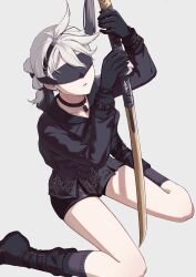 Rule 34 | 1boy, 9s (nier:automata), 9s (nier:automata) (cosplay), androgynous, backpack, bag, bare legs, black bag, black blindfold, black choker, black footwear, black gloves, black hairband, black shirt, black shorts, black socks, blindfold, boots, chinese commentary, choker, collarbone, commentary, cosplay, cruel oath, foot out of frame, gloves, grey background, hairband, highres, holding, holding sword, holding weapon, ikooto111, katana, kneehighs, male focus, nier, nier:automata, nier (series), nier (brother), ponytail, shirt, shorts, sitting, socks, solo, spiked hair, sword, tassel, wariza, weapon, white hair