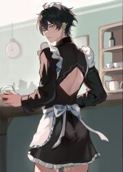 Rule 34 | 1boy, ahoge, alternate costume, apron, ass, black hair, black sleeves, clock, closed mouth, commentary request, counter, cowboy shot, crossdressing, cup, dan heng (honkai: star rail), earrings, enmaided, guonyg, hair between eyes, highres, holding, holding cup, honkai: star rail, honkai (series), indoors, jewelry, long sleeves, looking back, maid, maid apron, maid headdress, male focus, short hair, solo, standing, suggestive fluid, wall clock