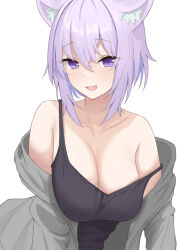 Rule 34 | 1girl, :d, animal ear fluff, animal ears, bare shoulders, black shirt, blush, breasts, cat ears, cat girl, cleavage, fang, grey jacket, haro art, hololive, jacket, large breasts, looking at viewer, nekomata okayu, open clothes, open jacket, open mouth, purple eyes, purple hair, shirt, short hair, simple background, smile, strap slip, tank top, upper body, virtual youtuber, white background