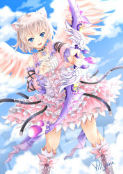 Rule 34 | &gt;:d, 1girl, :d, animal ears, aura kingdom, blue eyes, bow (weapon), cat ears, detached sleeves, dutch angle, frills, holding, looking at viewer, open mouth, short hair, silver hair, smile, solo, v-shaped eyebrows, villyane, weapon, wind, wings