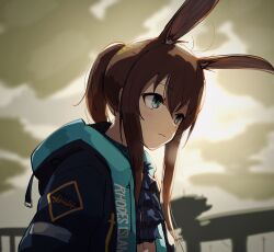 Rule 34 | 1girl, absurdres, amiya (arknights), animal ears, arknights, arms at sides, blue coat, blurry, blurry background, brown hair, closed mouth, cloud, cloudy sky, coat, commentary, drawdrawdeimos, extra ears, green eyes, highres, hood, hood down, hooded coat, ascot, long hair, looking afar, outdoors, ponytail, rabbit ears, sidelocks, sky, solo, upper body