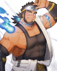 Rule 34 | 1boy, arm up, bara, bare shoulders, beard, black hair, black tank top, blue fire, covered abs, cowboy shot, dark-skinned male, dark skin, facial hair, fire, forehead protector, forked eyebrows, highres, large pectorals, looking at viewer, male focus, mature male, muscular, muscular male, ninja, nipple slip, nipples, pectoral cleavage, pectorals, sandayu (housamo), see-through, short hair, sidepec, smile, solo, tank top, tokyo houkago summoners, white background, yanutorie