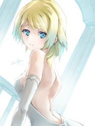 Rule 34 | 1girl, absurdres, alternate costume, artist name, backless dress, backless outfit, bare shoulders, blonde hair, blue eyes, blue hair, clear glass (mildmild1311), dress, elbow gloves, fire emblem, fire emblem heroes, fjorm (fire emblem), gloves, gradient hair, highres, looking at viewer, looking back, milestone celebration, multicolored hair, nintendo, signature, smile, solo, strapless, strapless dress, twitter username, white dress, white gloves