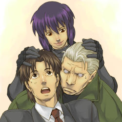 Rule 34 | 00s, 1girl, 2boys, batou (gits), brown eyes, brown hair, coat, formal, ghost in the shell, ghost in the shell stand alone complex, gloves, headpat, kusanagi motoko, mullet, multiple boys, necktie, purple hair, short hair, smile, suit, togusa (gits), trench coat, white hair