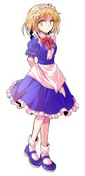 Rule 34 | 1girl, alphes (style), apron, arms behind back, blonde hair, blue dress, blue footwear, bobby socks, bow, bowtie, dairi, dress, eyebrows, facing away, frilled dress, frilled sleeves, frills, frown, full body, hair between eyes, highres, looking away, looking to the side, maid, maid apron, maid headdress, mary janes, mugetsu (touhou), parody, puffy short sleeves, puffy sleeves, red bow, red bowtie, shoes, short hair, short sleeves, socks, solo, standing, style parody, touhou, touhou (pc-98), transparent background, waist apron, white apron, white socks, yellow eyes