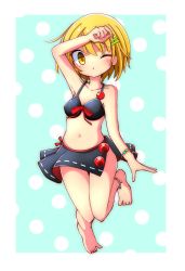 Rule 34 | 1girl, ;o, absurdres, anklet, barefoot, bikini, black bikini, blonde hair, border, bracelet, breasts, cleavage, crescent moon, full body, green background, hair ornament, hairclip, highres, inon, jewelry, looking at viewer, lunasa prismriver, medium breasts, moon, navel, one eye closed, polka dot, polka dot background, short hair, solo, swimsuit, touhou, white border, yellow eyes