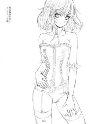 Rule 34 | 1girl, bad id, bad pixiv id, breasts, bustier, choker, cleavage, collarbone, elbow gloves, female focus, garter straps, gloves, greyscale, kazami yuuka, kuronuko neero, lingerie, looking at viewer, monochrome, panties, short hair, simple background, smile, solo, thighhighs, touhou, translation request, underwear, underwear only, white background