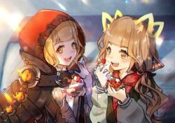 Rule 34 | 1girl, animal ears, blonde hair, blunt bangs, blush, cake, cloak, dual persona, eating, fang, food, fruit, hair ribbon, hood, hood up, icing, jacket, kyashii (a3yu9mi), long sleeves, looking at another, low twintails, open mouth, orange eyes, red riding hood (sinoalice), ribbon, sinoalice, solo, strawberry, twintails, wavy hair