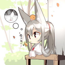 Rule 34 | 1girl, absurdres, animal, animal ear fluff, animal ears, animal on head, barefoot, bird, blush, brown flower, chibi, closed mouth, commentary request, flower, fox ears, fox girl, fox tail, grey hair, hair between eyes, hair rings, highres, japanese clothes, kimono, long hair, long sleeves, looking away, mouth hold, obi, on head, original, patch, petals, ponytail, red eyes, sash, sitting, snow, solo, stuck, tail, thought bubble, translation request, tree, very long hair, white kimono, wide sleeves, yuuji (yukimimi)