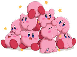 Rule 34 | blue eyes, blush stickers, closed eyes, closed mouth, dogpile, furrowed brow, gonzarez, hand up, happy, highres, kirby, kirby (series), looking at another, looking at viewer, looking up, nintendo, open mouth, smile, star (symbol), tired