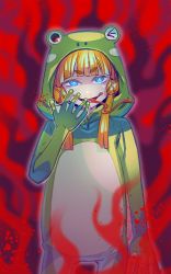 Rule 34 | 1girl, alternate costume, animal costume, blonde hair, blood, blue eyes, bow, costume, frog costume, hair bow, hair ornament, hood, long hair, long tongue, looking at viewer, moriya suwako, no headwear, one eye closed, simple background, solo, tongue, tongue out, touhou, wink, zounose