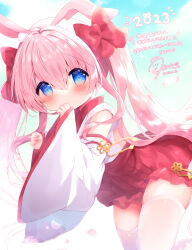 Rule 34 | 1girl, animal ear fluff, animal ears, blue eyes, blue sky, blush, bow, cloud, commentary request, covered mouth, day, hair between eyes, hair bow, hakama, hakama short skirt, hakama skirt, hands up, haru ichigo, highres, japanese clothes, kimono, leaning forward, long hair, long sleeves, looking at viewer, looking to the side, nontraditional miko, original, outdoors, petals, pink hair, rabbit ears, red bow, red hakama, skirt, sky, sleeveless, sleeveless kimono, sleeves past wrists, solo, thighhighs, translation request, twintails, very long hair, white kimono, white sleeves, white thighhighs, wide sleeves