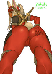 Rule 34 | 1girl, artist name, ass, ass focus, ass grab, bodysuit, boku no hero academia, cameltoe, cosplay, dark-skinned female, dark skin, deadpool (cosplay), grabbing own ass, highres, huge ass, long hair, looking at viewer, looking back, marvel, mirko, muscular, muscular female, rabbit ears, rabbit girl, rabbit tail, red bodysuit, red eyes, shosho oekaki, skin tight, smile, solo, sword, thick thighs, thighs, weapon, white background, white hair