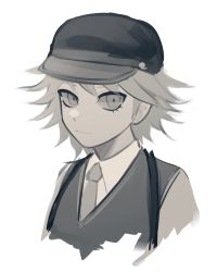 Rule 34 | 1boy, black hat, brown hair, collared shirt, commentary, cropped torso, danganronpa (series), danganronpa v3: killing harmony, grey background, hat, highres, long sleeves, looking at viewer, male focus, monochrome, necktie, official alternate costume, pastahands, prototype design, saihara shuichi, shirt, short hair, simple background, smile, solo, upper body, vest, white shirt, wing collar