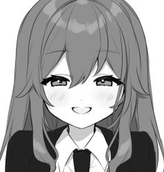 Rule 34 | 1girl, :d, blush, collared shirt, commentary request, greyscale, hair between eyes, half-closed eyes, jacket, long hair, looking at viewer, monochrome, necktie, open mouth, original, shirt, simple background, smile, solo, upper body, white background, yamabukiiro