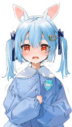 Rule 34 | 1girl, aged down, animal ear fluff, animal ears, blouse, blue hair, blue ribbon, blue shirt, blush, buttons, carrot hair ornament, crying, crying with eyes open, food-themed hair ornament, gotou (nekocat), hair ornament, hair ribbon, highres, hololive, long sleeves, looking at viewer, medium hair, open mouth, puffy long sleeves, puffy sleeves, rabbit-shaped pupils, rabbit ears, red eyes, ribbon, shirt, simple background, sleeves past wrists, solo, symbol-shaped pupils, tears, thick eyebrows, translated, twintails, usada pekora, virtual youtuber, white background