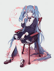 Rule 34 | 1girl, 39, absurdly long hair, alternate costume, black dress, black ribbon, blue eyes, blue hair, blush, bobby socks, brown footwear, chair, character name, closed mouth, dated, dress, fen renlei, flower, frilled dress, frills, full body, grey background, hair flower, hair ornament, hatsune miku, long hair, long sleeves, looking at viewer, neck ribbon, on chair, pink flower, puffy long sleeves, puffy sleeves, ribbon, shoes, simple background, sitting, smile, socks, solo, very long hair, vocaloid, watch, white socks, wristwatch