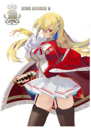 Rule 34 | 1girl, azur lane, blonde hair, brown thighhighs, cape, character name, epaulettes, from side, garter straps, highres, jacket, king george v (azur lane), long hair, looking at viewer, miniskirt, pleated skirt, red cape, red eyes, red jacket, royal navy emblem (azur lane), sheath, simple background, skirt, solo, sword, thighhighs, unsheathing, uyuyuun, very long hair, weapon, white background, white skirt