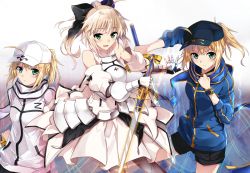 Rule 34 | 3girls, armor, armored dress, artoria pendragon (all), artoria pendragon (fate), baseball cap, black bow, black hat, blonde hair, blue shirt, bow, detached sleeves, dress, excalibur (fate/stay night), fate/grand order, fate/unlimited codes, fate (series), gloves, green eyes, hair bow, hat, hood, hoodie, looking at viewer, multiple girls, multiple persona, mysterious heroine x (fate), ponytail, rojiura satsuki : chapter heroine sanctuary, saber (fate), saber lily, shirt, short hair, smile, sword, tsuezu, ultra heroine z (fate), weapon, white dress, white hat, white shirt