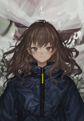 Rule 34 | 1girl, absurdres, blue jacket, blurry, blurry background, brown eyes, brown hair, closed mouth, curtains, expressionless, floating hair, flower, highres, jacket, lavender quartz, lm7 (op-center), logo, long hair, looking at viewer, messy hair, puffy sleeves, sanpaku, sidelocks, solo, standing, torabishi lana, upper body, wavy hair, zipper, zipper pull tab