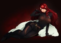 Rule 34 | 1girl, belt, black belt, black bodysuit, black gloves, bodysuit, breasts, coat, commentary, covered navel, drill hair, eightyfourart, english commentary, fur coat, fur trim, gloves, grin, hair over one eye, highres, kirijou mitsuru, large breasts, lips, lipstick, long hair, looking at viewer, makeup, one eye covered, parted bangs, persona, persona 3, persona 4, persona 4: the ultimate in mayonaka arena, pink lips, red eyes, red hair, sitting, smile, solo, very long hair, white coat