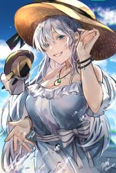 Rule 34 | 1girl, absurdres, anastasia (fate), anastasia (swimsuit archer) (fate), anastasia (swimsuit archer) (first ascension) (fate), bare shoulders, beach, blue eyes, blue sky, blush, bracelet, breasts, collarbone, doll, dress, earrings, fate/grand order, fate (series), grin, hair over one eye, hairband, hat, highres, jewelry, large breasts, long hair, looking at viewer, necklace, pendant, silver hair, sky, smile, straw hat, very long hair, viy (fate), water, white dress, zaza (zazam s)