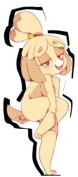 Rule 34 | 1girl, absurdres, animal crossing, animal ears, animal hands, bell, black eyes, blonde hair, blush, breasts, claws, dog ears, dog girl, dog tail, female focus, full body, furry, furry female, hair bell, hair ornament, hair tie, half-closed eyes, happy, hearlesssoul, highres, isabelle (animal crossing), jingle bell, leg up, light blush, looking at viewer, medium breasts, nintendo, open mouth, panties, panty pull, pink panties, polka dot, polka dot panties, raised eyebrow, short hair, smile, solo, standing, standing on one leg, tail, teeth, tongue, topknot, topless, transparent background, underwear, undressing