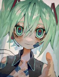 Rule 34 | 1girl, bandaid, bandaid on cheek, bandaid on face, closed mouth, collared shirt, commentary request, green eyes, green hair, grey shirt, hair between eyes, hair ornament, hatsune miku, highres, long hair, looking at viewer, mushi buuun, open clothes, open shirt, reaching, reaching towards viewer, ringed eyes, shirt, sleeveless, sleeveless shirt, smile, solo, twintails, upper body, vocaloid