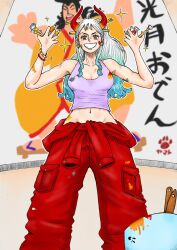 Rule 34 | 1girl, aqua hair, arms up, breasts, couchpotato op, earrings, feet out of frame, gradient hair, hair ornament, hair stick, highres, holding, holding paintbrush, hoop earrings, horns, jewelry, kouzuki oden, large breasts, long hair, looking at viewer, multicolored hair, multiple bracelets, navel, one piece, paint can, paint on clothes, paint splatter, paint tube, paintbrush, painting (object), pants, ponytail, purple tank top, red horns, red pants, smile, sparkle, tank top, white hair, yamato (one piece)